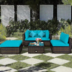 Costway Set 5 Pezzi Mobili da Esterno in Rattan per Patio, Divano Sezionale da Conversazione, Cuscino Turchese/Blu Marino/Nero
