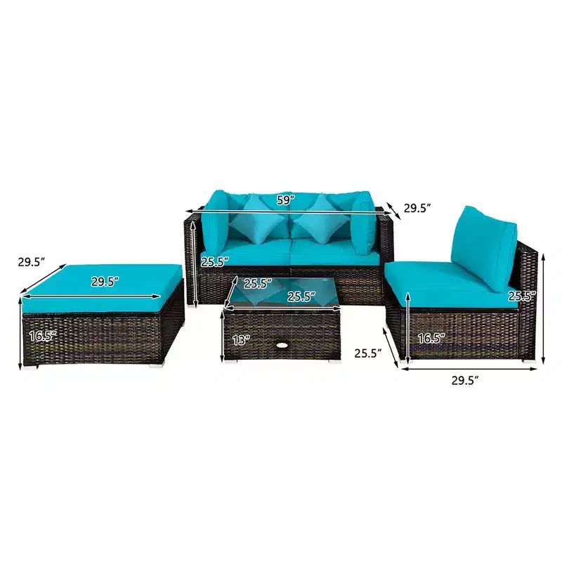 Costway Set 5 Pezzi Mobili da Esterno in Rattan per Patio, Divano Sezionale da Conversazione, Cuscino Turchese/Blu Marino/Nero