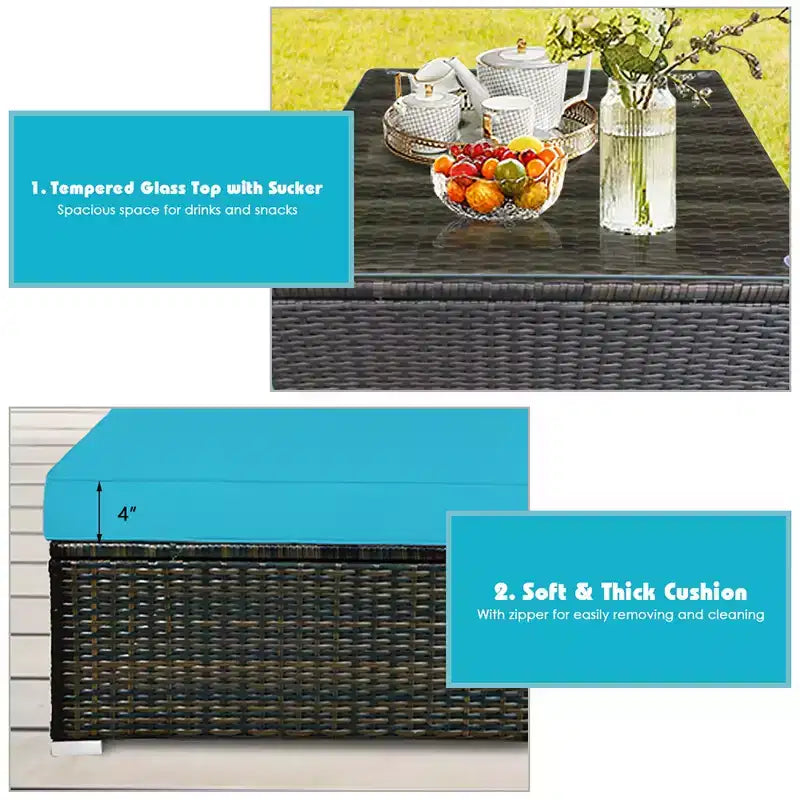 Costway Set 5 Pezzi Mobili da Esterno in Rattan per Patio, Divano Sezionale da Conversazione, Cuscino Turchese/Blu Marino/Nero