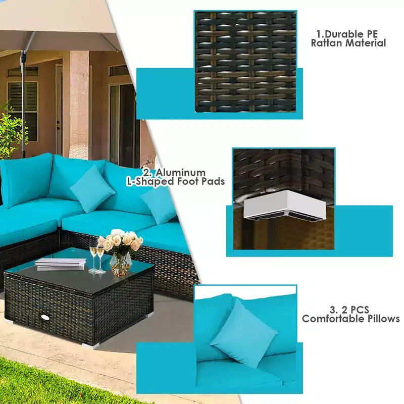 Costway Set 5 Pezzi Mobili da Esterno in Rattan per Patio, Divano Sezionale da Conversazione, Cuscino Turchese/Blu Marino/Nero