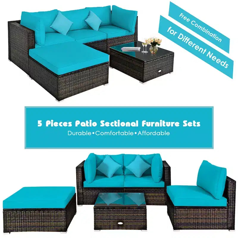 Costway Set 5 Pezzi Mobili da Esterno in Rattan per Patio, Divano Sezionale da Conversazione, Cuscino Turchese/Blu Marino/Nero