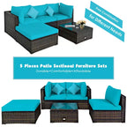 Costway Set 5 Pezzi Mobili da Esterno in Rattan per Patio, Divano Sezionale da Conversazione, Cuscino Turchese/Blu Marino/Nero