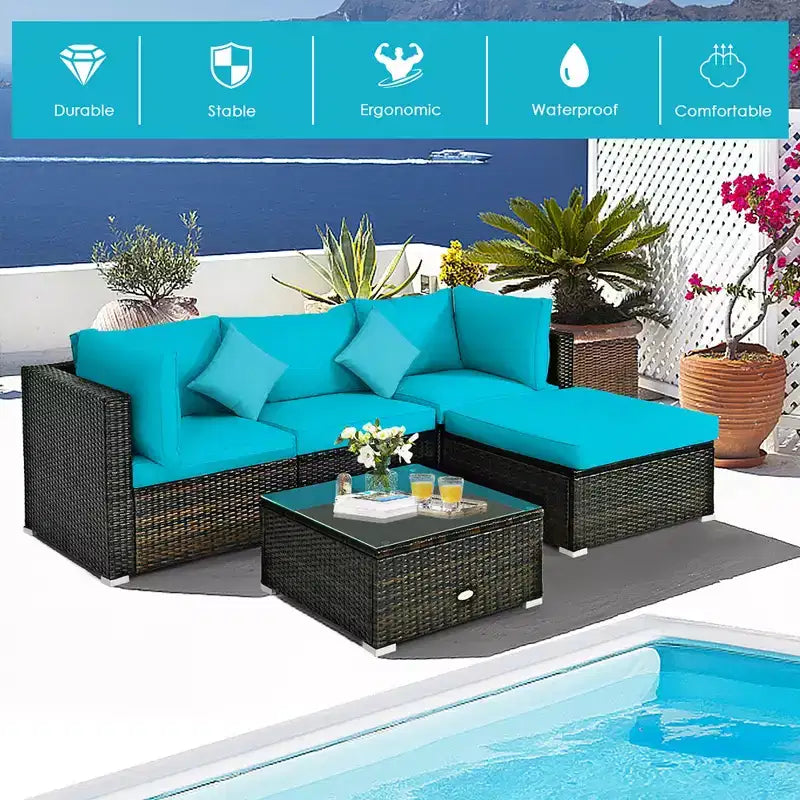 Costway Set 5 Pezzi Mobili da Esterno in Rattan per Patio, Divano Sezionale da Conversazione, Cuscino Turchese/Blu Marino/Nero