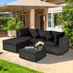 Costway Set 5 Pezzi Mobili da Esterno in Rattan per Patio, Divano Sezionale da Conversazione, Cuscino Turchese/Blu Marino/Nero