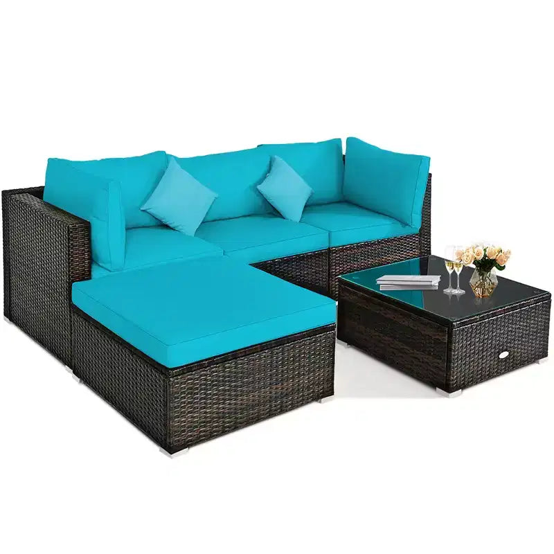 Costway Set 5 Pezzi Mobili da Esterno in Rattan per Patio, Divano Sezionale da Conversazione, Cuscino Turchese/Blu Marino/Nero