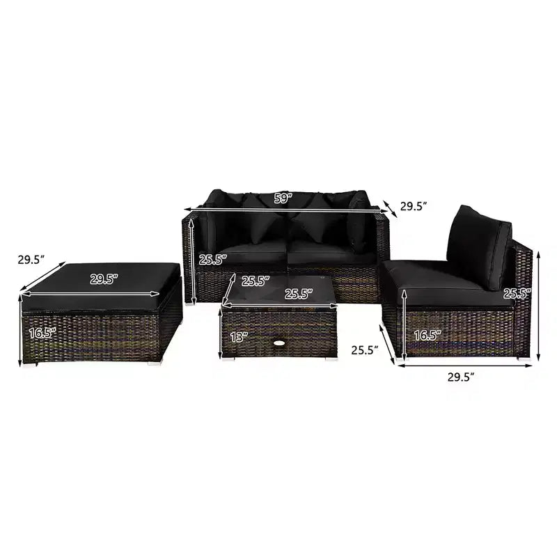 Costway Set 5 Pezzi Mobili da Esterno in Rattan per Patio, Divano Sezionale da Conversazione, Cuscino Turchese/Blu Marino/Nero