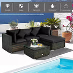 Costway Set 5 Pezzi Mobili da Esterno in Rattan per Patio, Divano Sezionale da Conversazione, Cuscino Turchese/Blu Marino/Nero