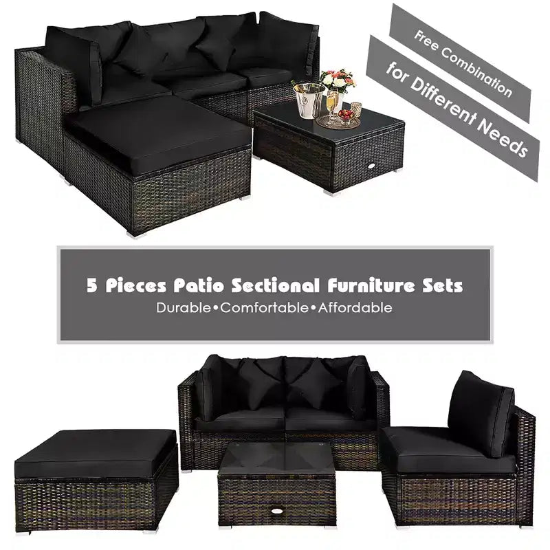 Costway Set 5 Pezzi Mobili da Esterno in Rattan per Patio, Divano Sezionale da Conversazione, Cuscino Turchese/Blu Marino/Nero