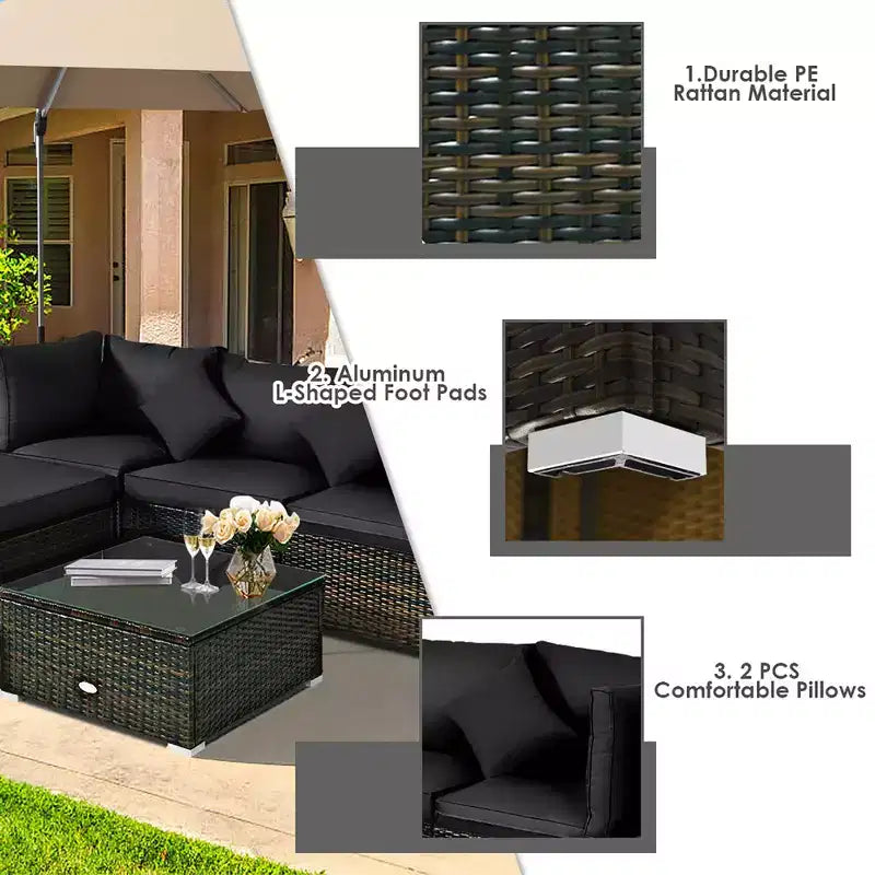 Costway Set 5 Pezzi Mobili da Esterno in Rattan per Patio, Divano Sezionale da Conversazione, Cuscino Turchese/Blu Marino/Nero