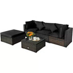 Costway Set 5 Pezzi Mobili da Esterno in Rattan per Patio, Divano Sezionale da Conversazione, Cuscino Turchese/Blu Marino/Nero
