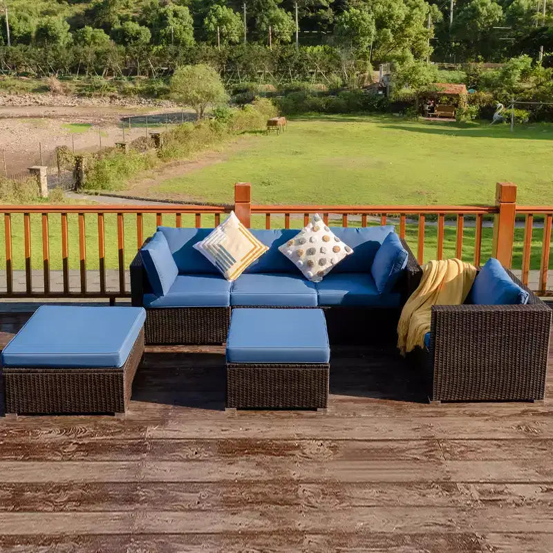 Costway 6PCS Patio Rattan Furniture Set Sectional Cushion Sofa Coffee Table Ottoman Navy