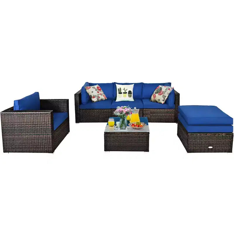 Costway Set 6 pz Mobili da Giardino in Rattan Divano Sezionale con Cuscini Tavolino Ottomana Blu Navy