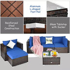 Costway Ensemble de meubles de patio en rotin 6 pièces Canapé sectionnel Table basse avec pouf coussin bleu marine