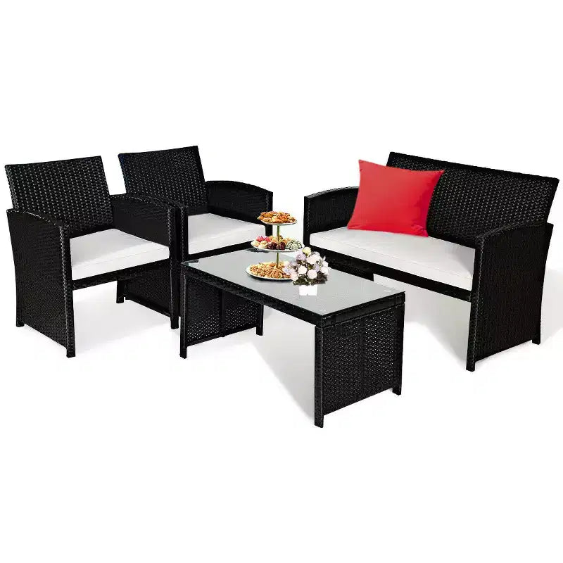 Costway Set Divani da Giardino in Rattan da 4 Pezzi con Cuscini e Tavolino, Colore Nero
