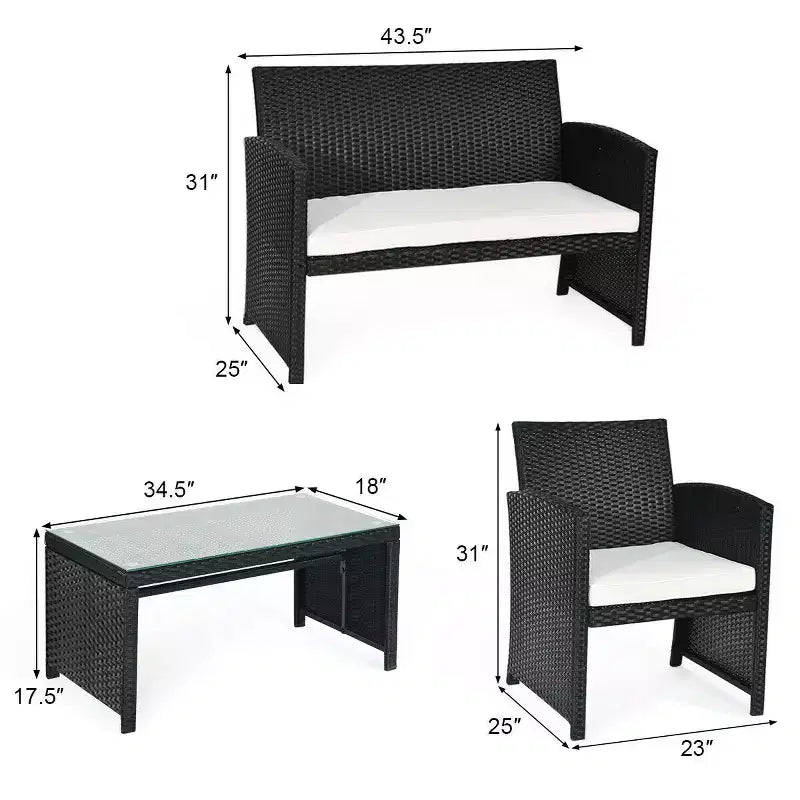Costway Set Divani da Giardino in Rattan da 4 Pezzi con Cuscini e Tavolino, Colore Nero