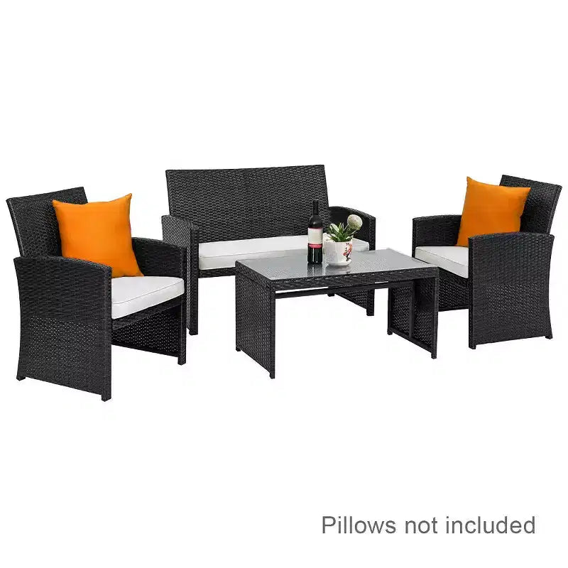 Costway Set Divani da Giardino in Rattan da 4 Pezzi con Cuscini e Tavolino, Colore Nero