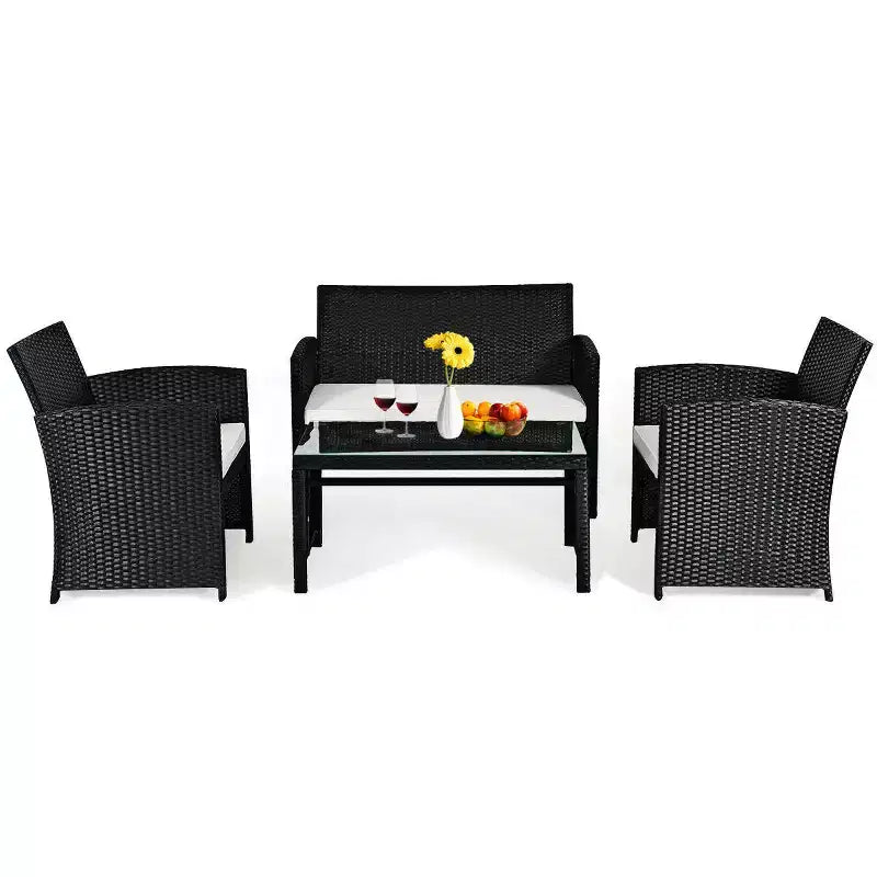 Costway Salon de Jardin 4 Pièces en Rotin Meubles de Conversation Canapé Coussins Table Basse Jardin Noir