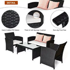 Costway Salon de Jardin 4 Pièces en Rotin Meubles de Conversation Canapé Coussins Table Basse Jardin Noir
