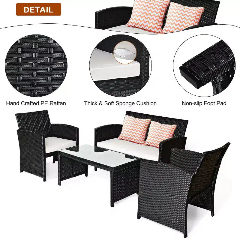 Costway Salon de Jardin 4 Pièces en Rotin Meubles de Conversation Canapé Coussins Table Basse Jardin Noir