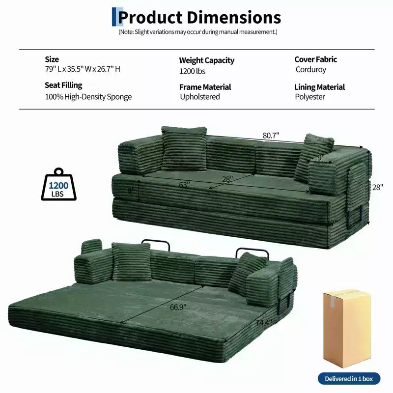 80,7 Divano letto trasformabile 5 in 1 – Velluto a coste, 544 kg, Nessun assemblaggio