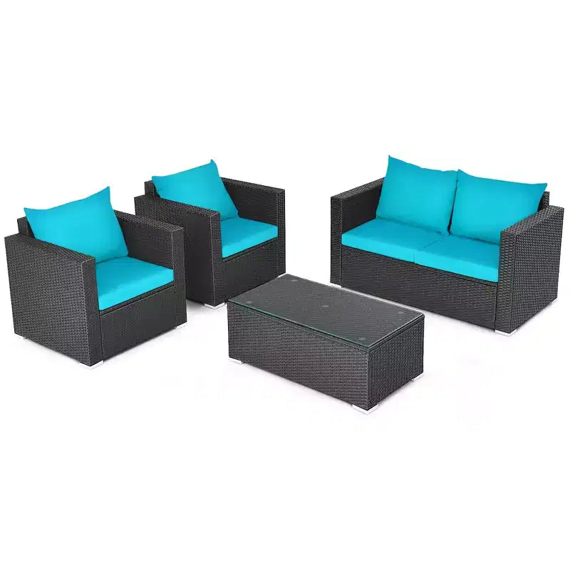 Costway 4 pz. Set divani da esterno in rattan con cuscini e tavolino turchese