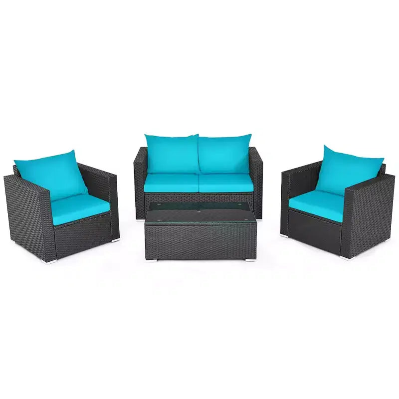 Costway 4 pz. Set divani da esterno in rattan con cuscini e tavolino turchese
