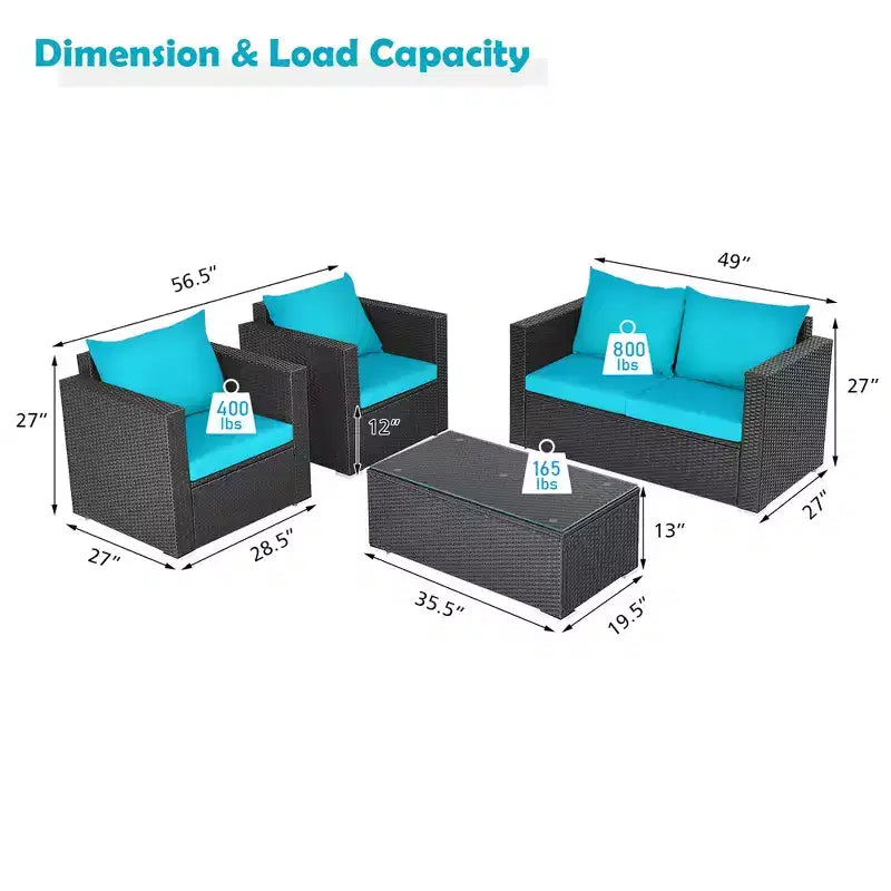 Costway 4 pz. Set divani da esterno in rattan con cuscini e tavolino turchese
