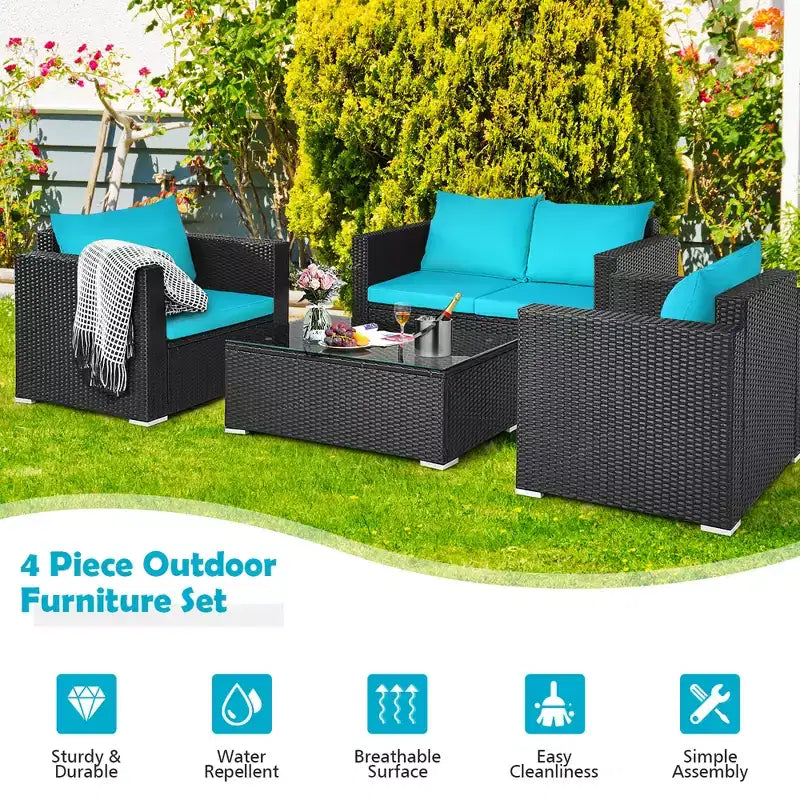 Costway 4 pz. Set divani da esterno in rattan con cuscini e tavolino turchese