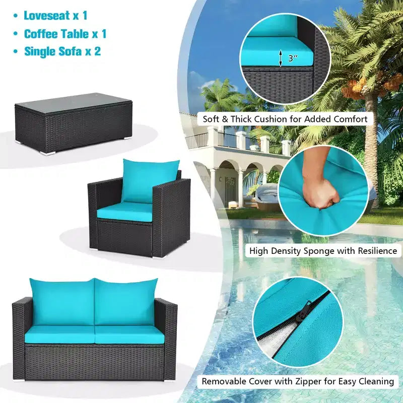 Costway 4 pz. Set divani da esterno in rattan con cuscini e tavolino turchese