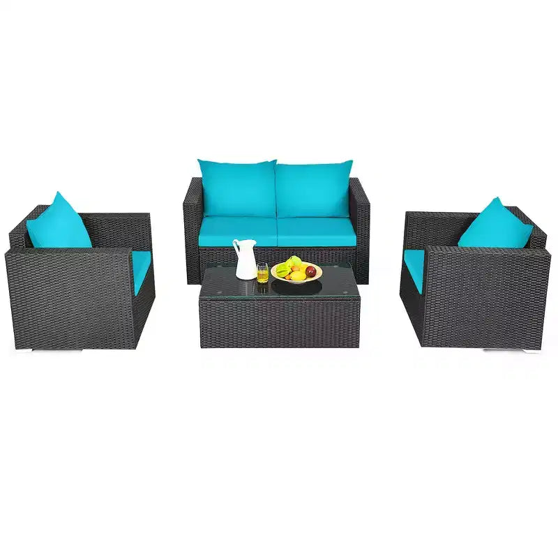 Costway 4 pz. Set divani da esterno in rattan con cuscini e tavolino turchese