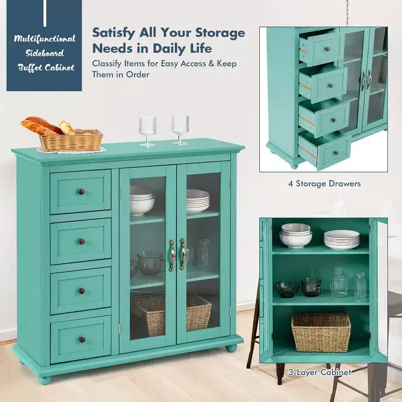 Buffet Costway – Meuble de Rangement de Cuisine avec Tiroirs et Portes Blanc/Bleu/Vert