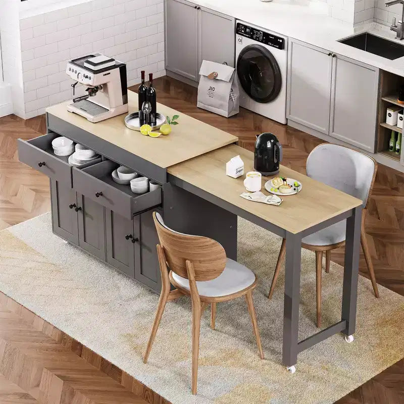 Isola da Cucina da 189 cm con Tavolo da Pranzo Estensibile, Carrello con 4 Armadietti, 2 Cassetti, Porta Spezie, Ripiani Regolabili