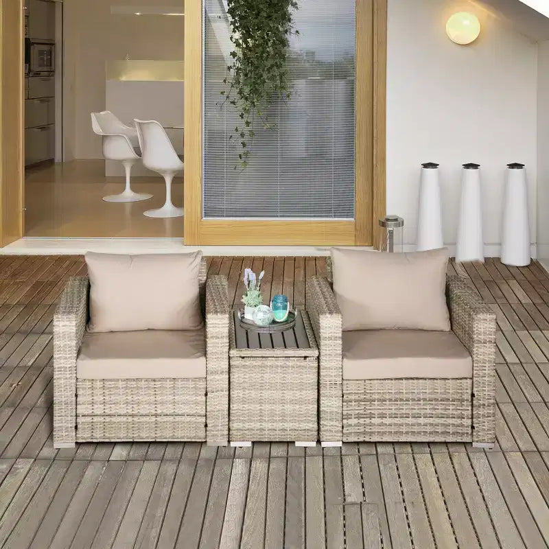 Outsunny Set Mobili da Giardino 3 Pezzi in Rattan PE, Set Balcone in Vimini, Tavolo e Sedie con Cuscini, Tavolo Composito per Appartamento, Grigio