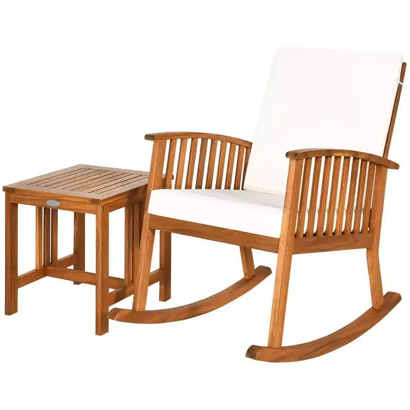 Costway Ensemble de 2 fauteuils à bascule de patio en bois d'acacia avec table basse et coussins