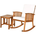 Costway Ensemble de 2 fauteuils à bascule de patio en bois d'acacia avec table basse et coussins