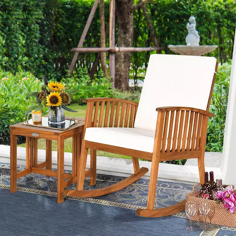 Costway Ensemble de 2 fauteuils à bascule de patio en bois d'acacia avec table basse et coussins
