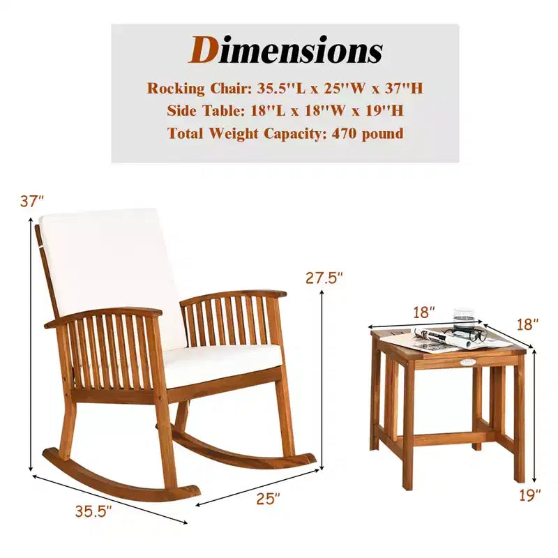 Costway Ensemble de 2 fauteuils à bascule de patio en bois d'acacia avec table basse et coussins