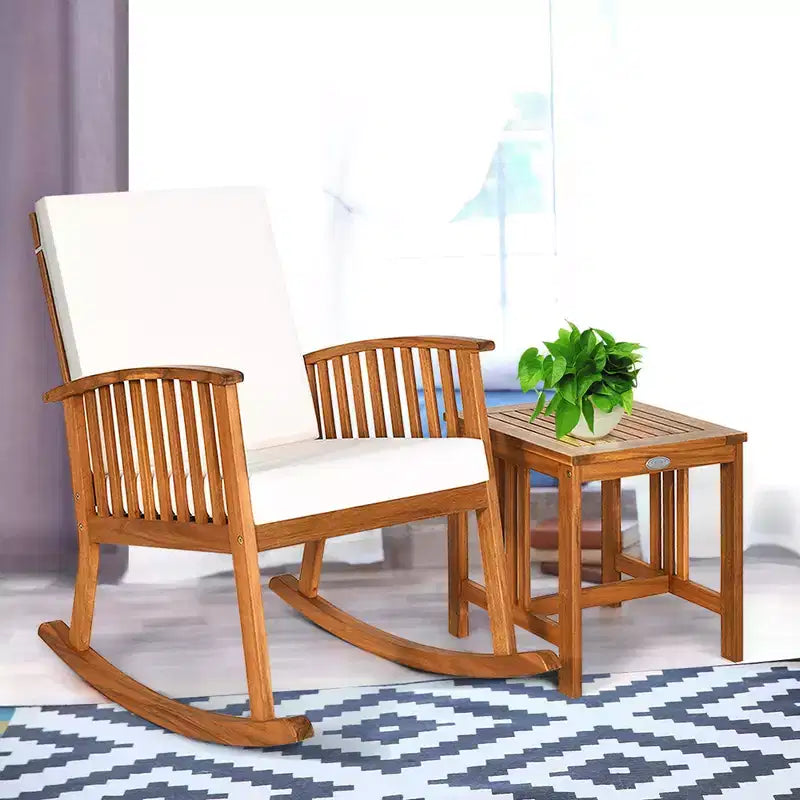 Costway Ensemble de 2 fauteuils à bascule de patio en bois d'acacia avec table basse et coussins