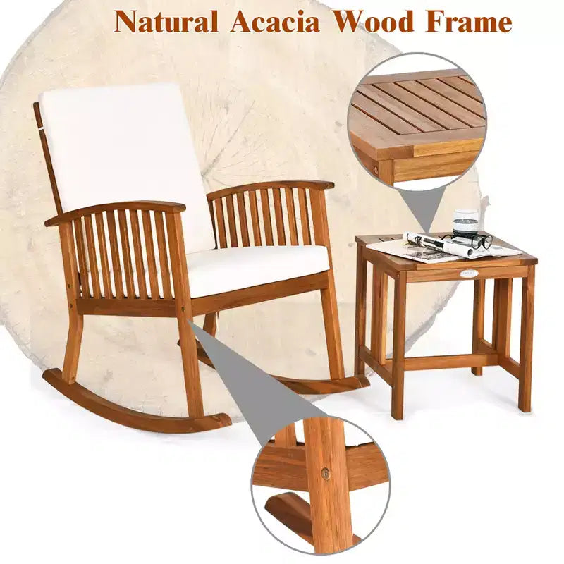 Costway Ensemble de 2 fauteuils à bascule de patio en bois d'acacia avec table basse et coussins