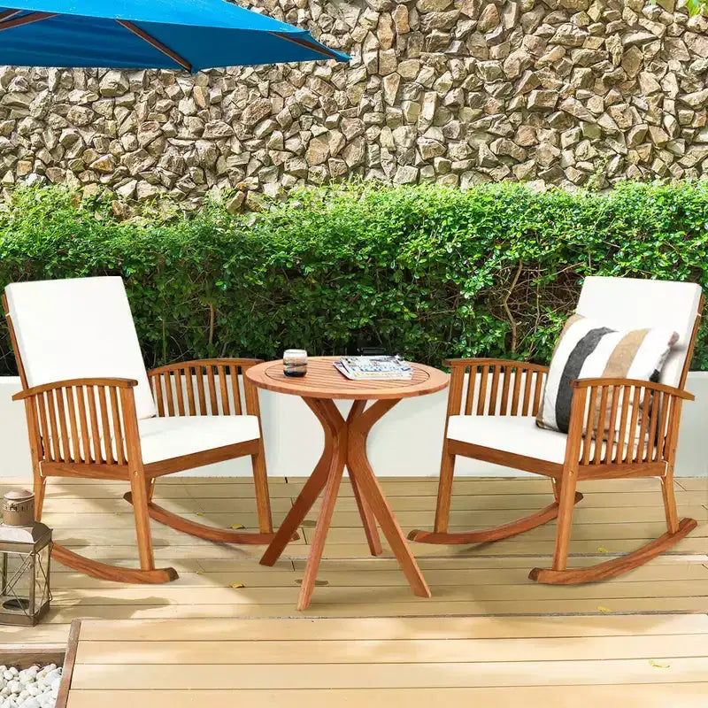 Costway Set 3 Pezzi di Sedie a Dondolo per Patio, Tavolo Rotondo, Divano in Legno Massello Imbottito per Giardino e Terrazza