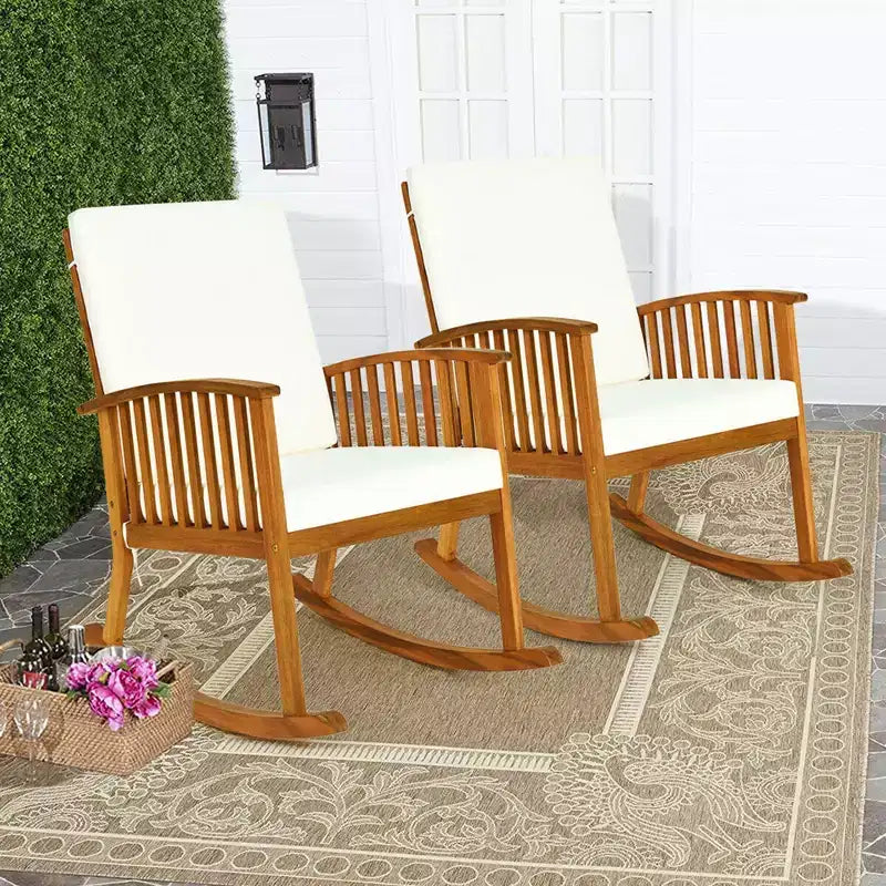 Costway Set 3 Pezzi di Sedie a Dondolo per Patio, Tavolo Rotondo, Divano in Legno Massello Imbottito per Giardino e Terrazza