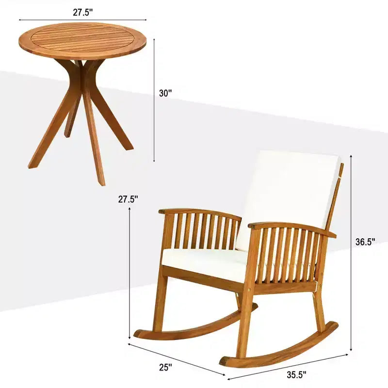 Costway Set 3 Pezzi di Sedie a Dondolo per Patio, Tavolo Rotondo, Divano in Legno Massello Imbottito per Giardino e Terrazza