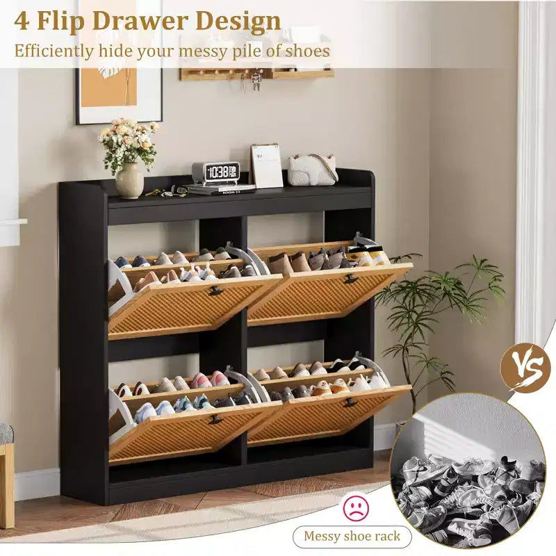 Scarpiera con 4 cassetti a ribalta, scarpiera in legno con ante in rattan e ripiani regolabili - Organizer per scarpe indipendente