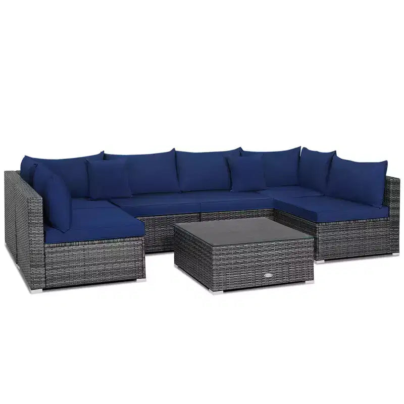 Costway Set Divano Sezionale da Esterno 7 Pezzi in Rattan con Cuscini per Giardino Blu Scuro