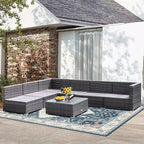 Costway Set Divano Sezionale da Esterno 7 Pezzi in Rattan con Cuscini per Giardino Blu Scuro