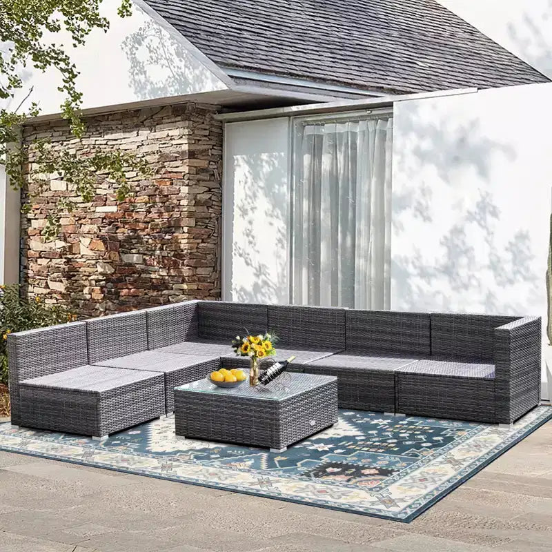Costway Set Divano Sezionale da Esterno 7 Pezzi in Rattan con Cuscini per Giardino Blu Scuro
