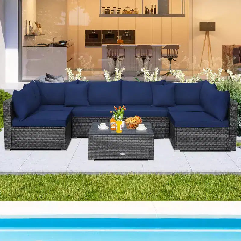 Costway Set Divano Sezionale da Esterno 7 Pezzi in Rattan con Cuscini per Giardino Blu Scuro