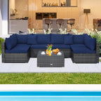 Costway Set Divano Sezionale da Esterno 7 Pezzi in Rattan con Cuscini per Giardino Blu Scuro