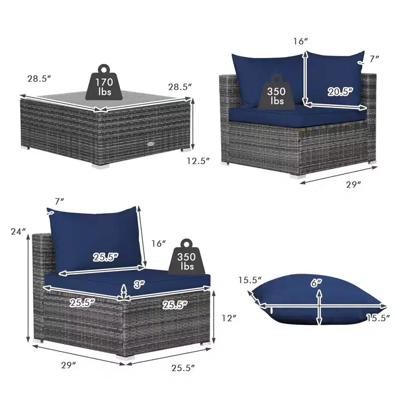 Costway Set Divano Sezionale da Esterno 7 Pezzi in Rattan con Cuscini per Giardino Blu Scuro