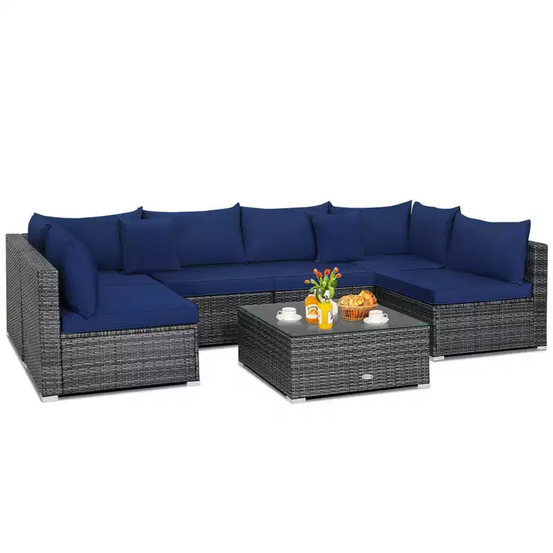 Costway Set Divano Sezionale da Esterno 7 Pezzi in Rattan con Cuscini per Giardino Blu Scuro